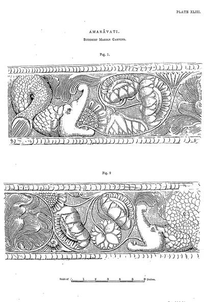 Drawing of two carved friezes with a makara and lotus scrolls.