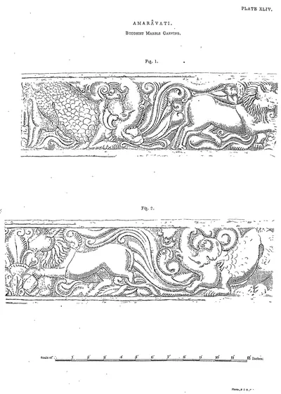 Drawing of two carved friezes with animals in scrolling foliage.
