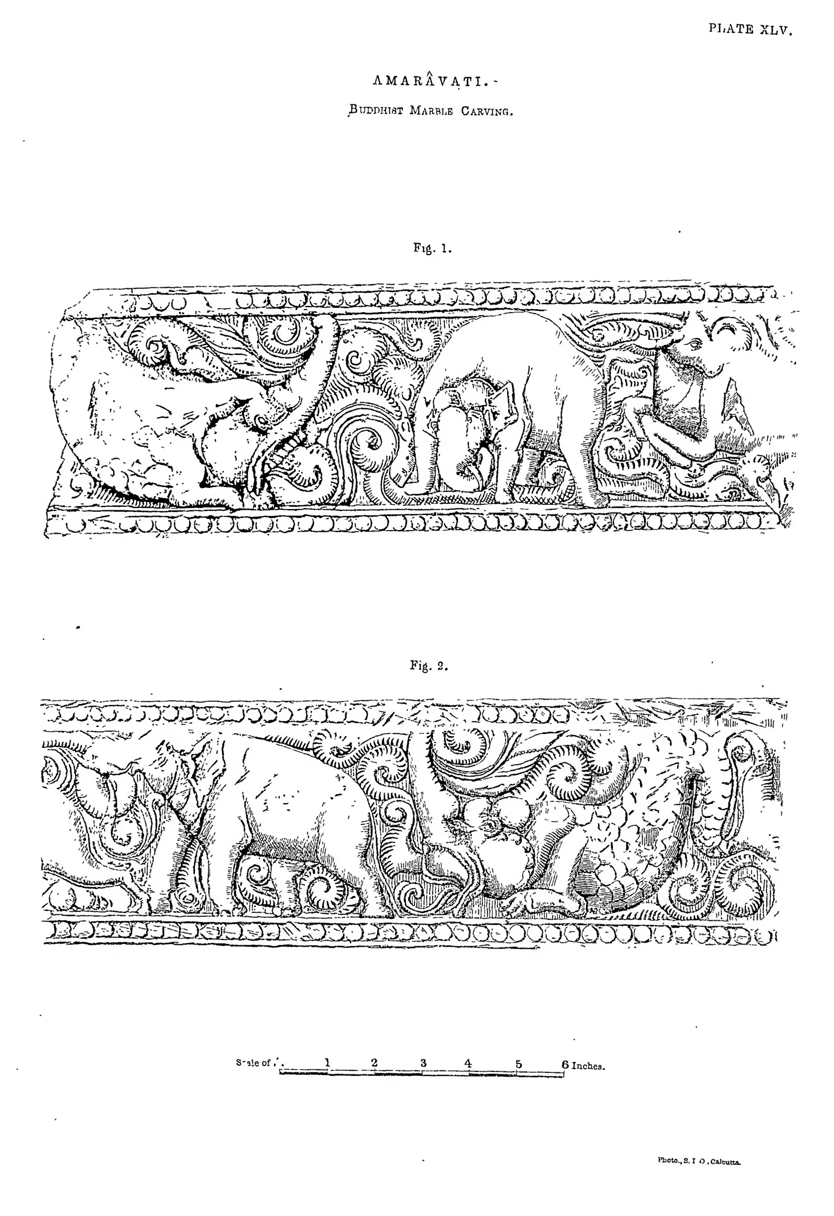 Drawing of two carved friezes with elephants and animals in scrolling foliage.