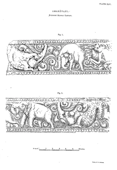 Drawing of two carved friezes with elephants and animals in scrolling foliage.