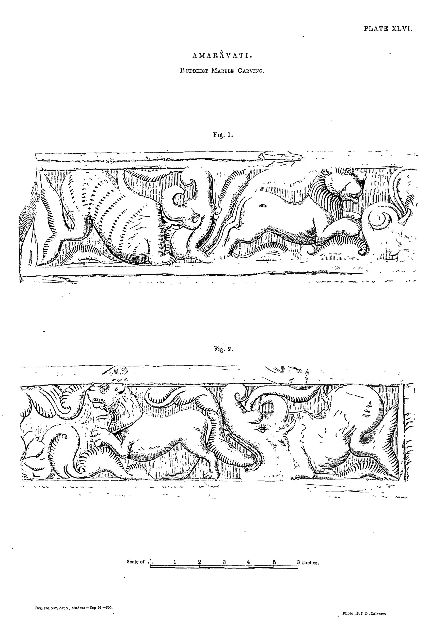 Drawing of two carved friezes with animals in scrolling foliage.