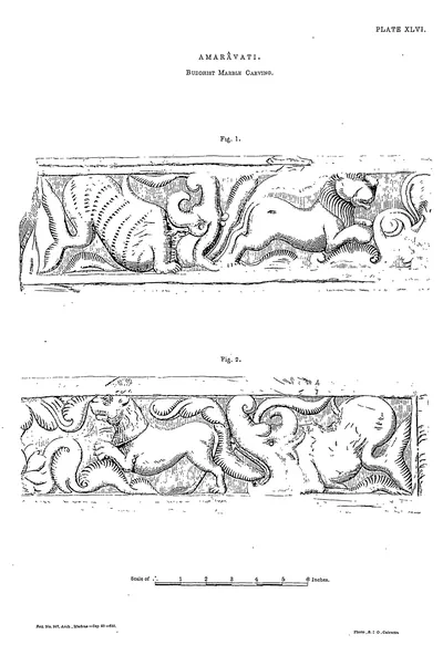 Drawing of two carved friezes with animals in scrolling foliage.