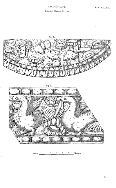 Drawing of two carved fragments, one curved, with animal and bird figures.