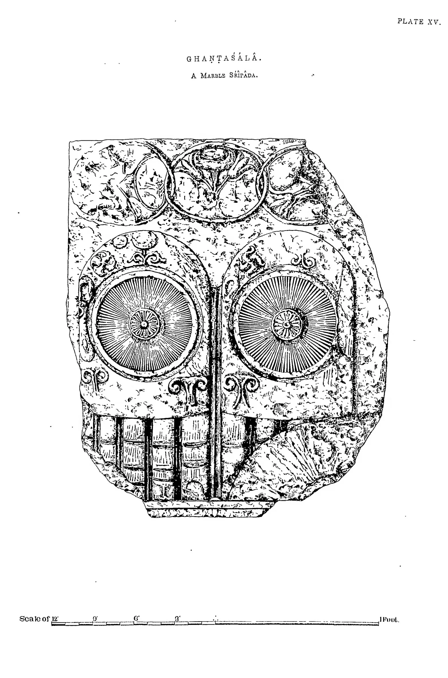 Drawing of a carved marble slab with a pair of footprints marked with wheels.