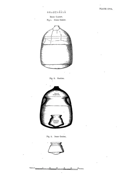 Drawings of an outer earthenware casket and smaller inner vessels.
