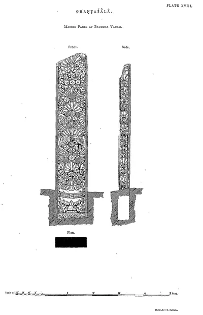 Drawing of a carved marble pier, front and side, with its plan.