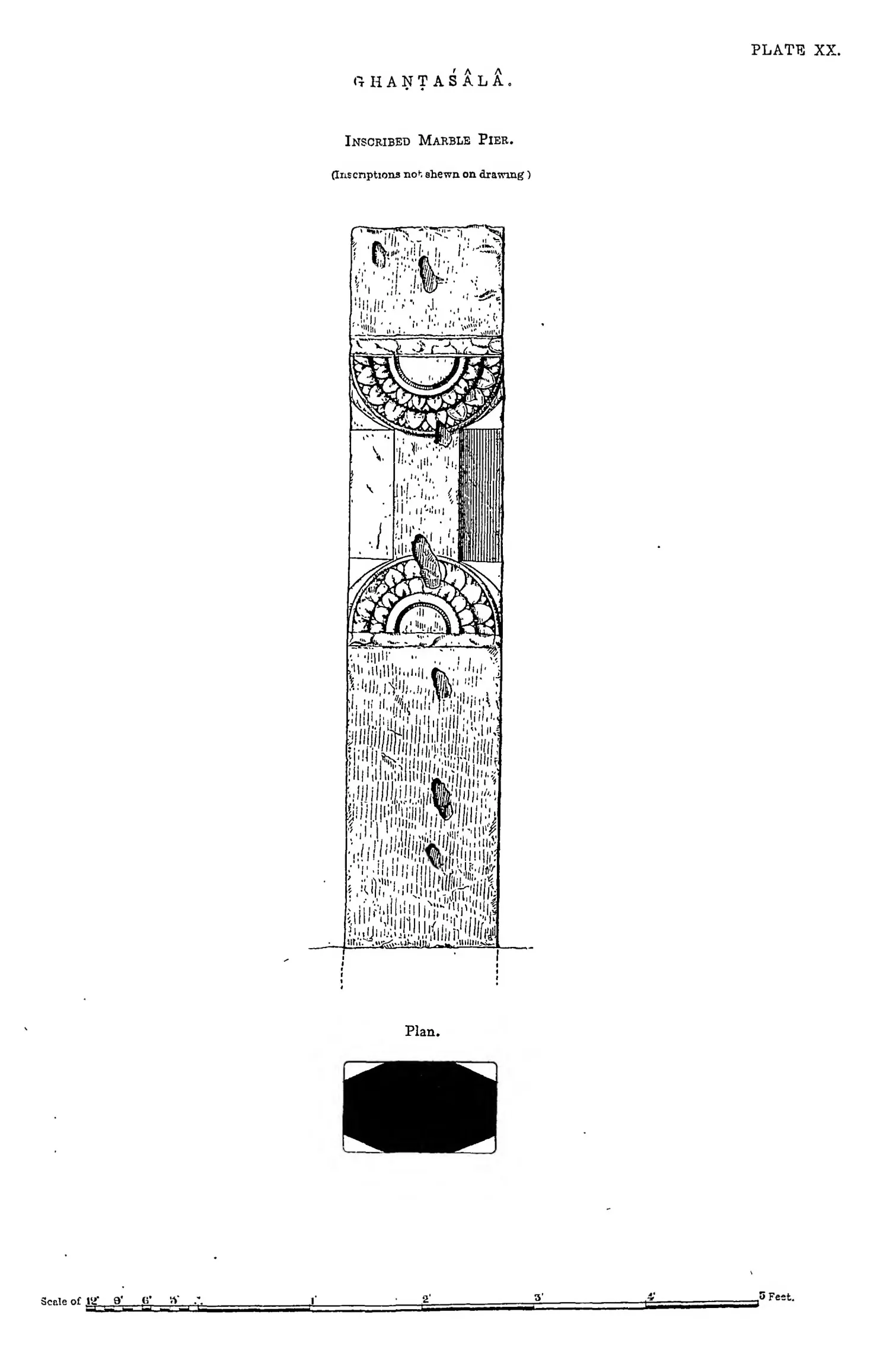 Drawing of a tall marble pier with carved medallions, with its plan.