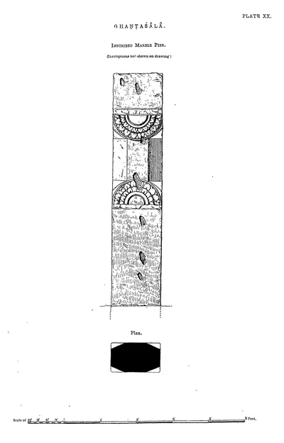 Drawing of a tall marble pier with carved medallions, with its plan.
