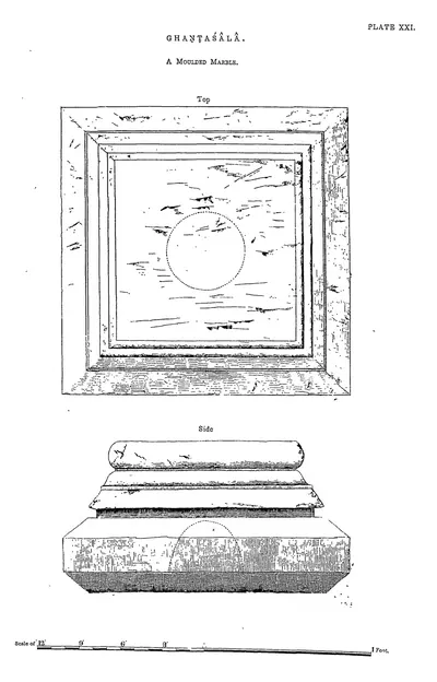Drawing of a square moulded marble base in plan and elevation.