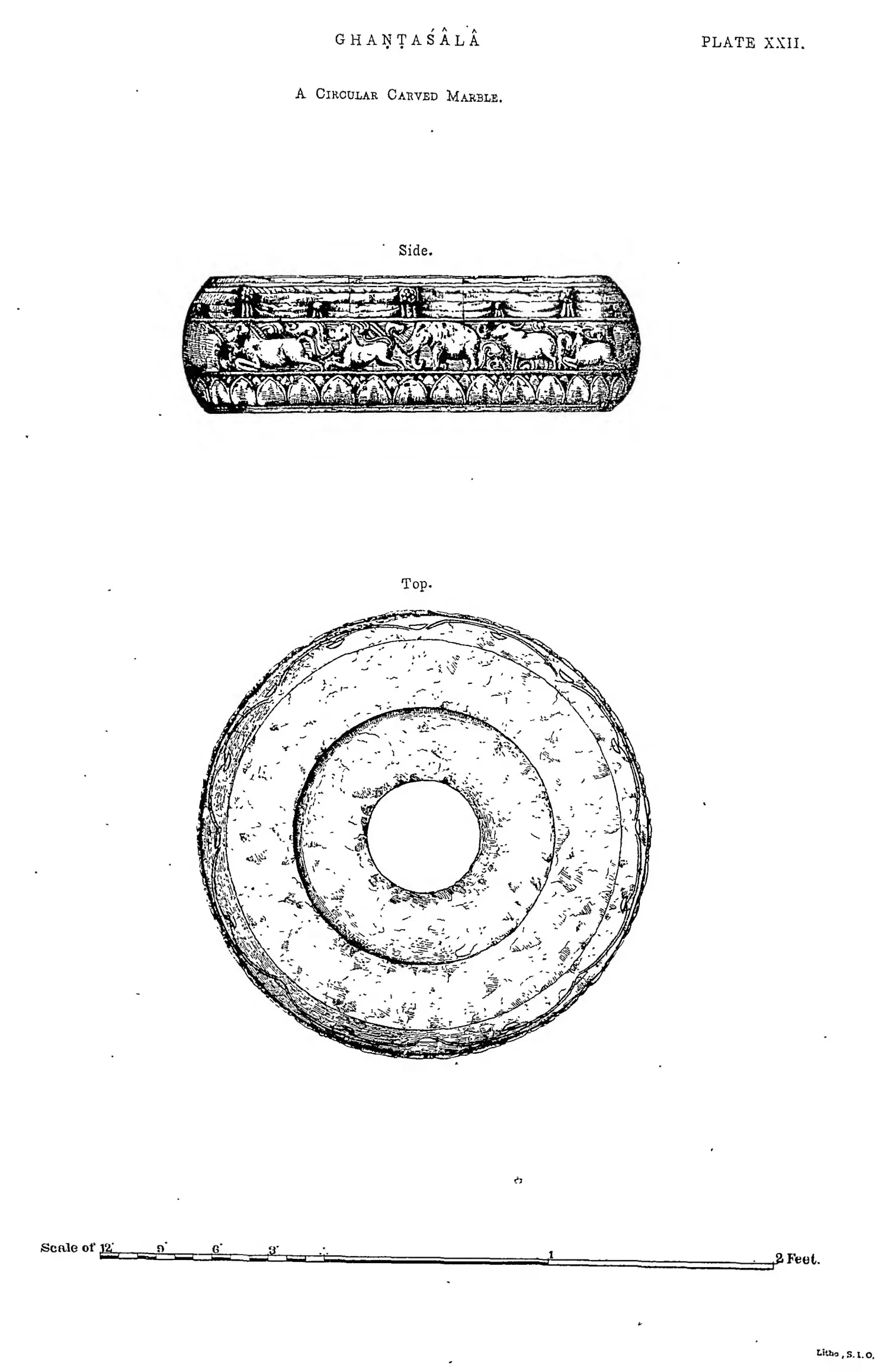 Drawing of a circular marble band carved with a running frieze, in side view and plan.