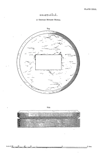 Drawing of a round moulded marble block with a square socket, in plan and side view.