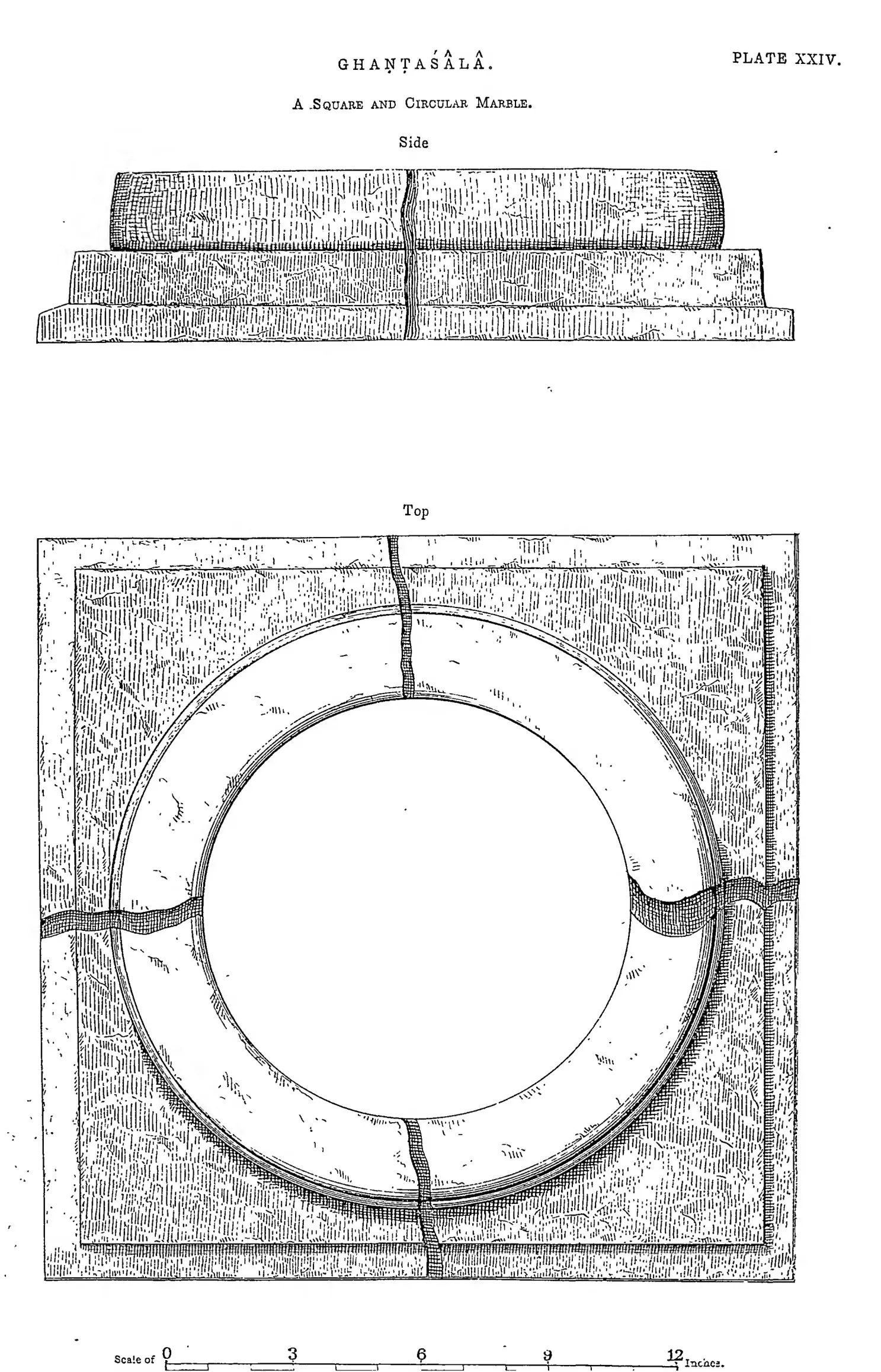 Drawing of a square stepped stone with a circular socket, in side view and plan.
