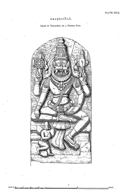 Drawing of a stone slab carved with a seated four-armed lion-headed figure.