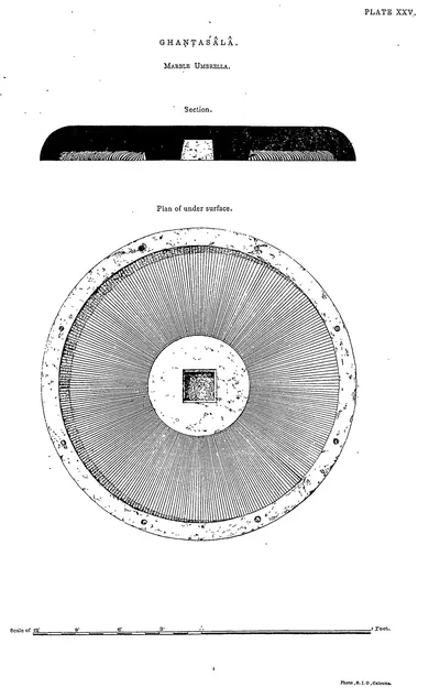 Drawing of a circular marble umbrella in section and plan.
