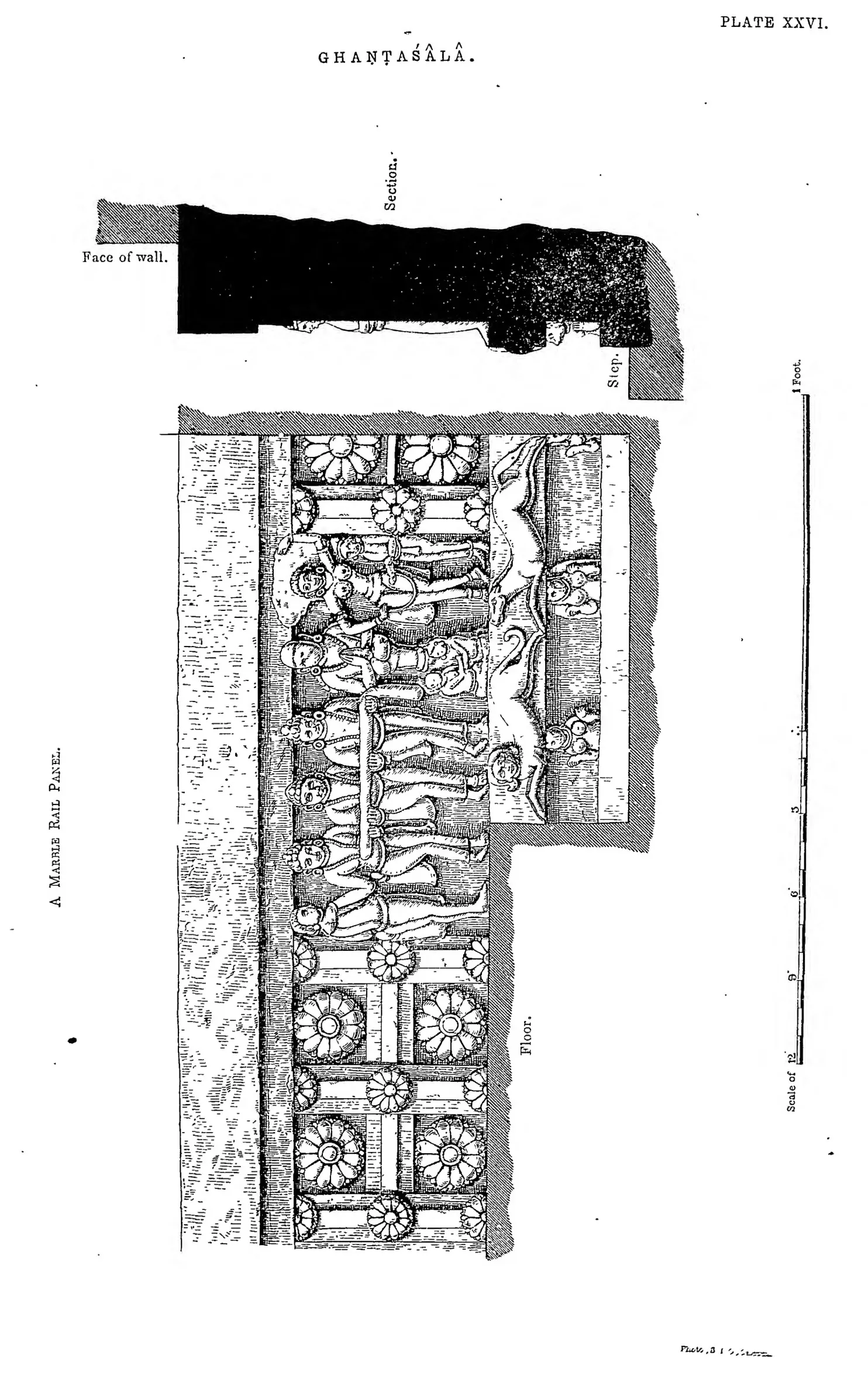 Drawing of a carved marble rail panel with medallions and a band of figures.