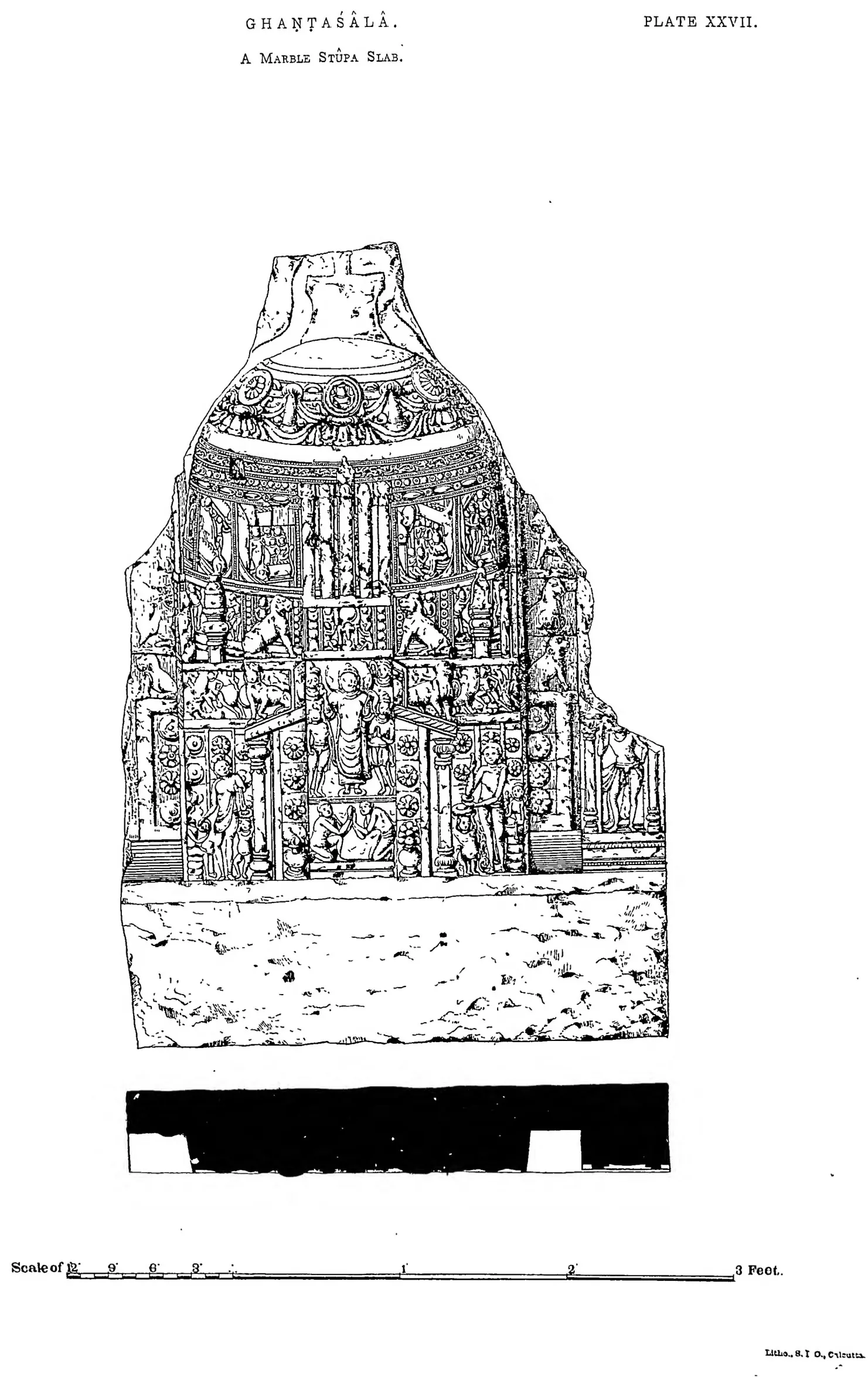 Drawing of a marble slab carved with a stupa and figures.
