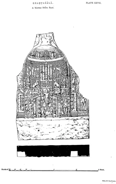 Drawing of a marble slab carved with a stupa and figures.