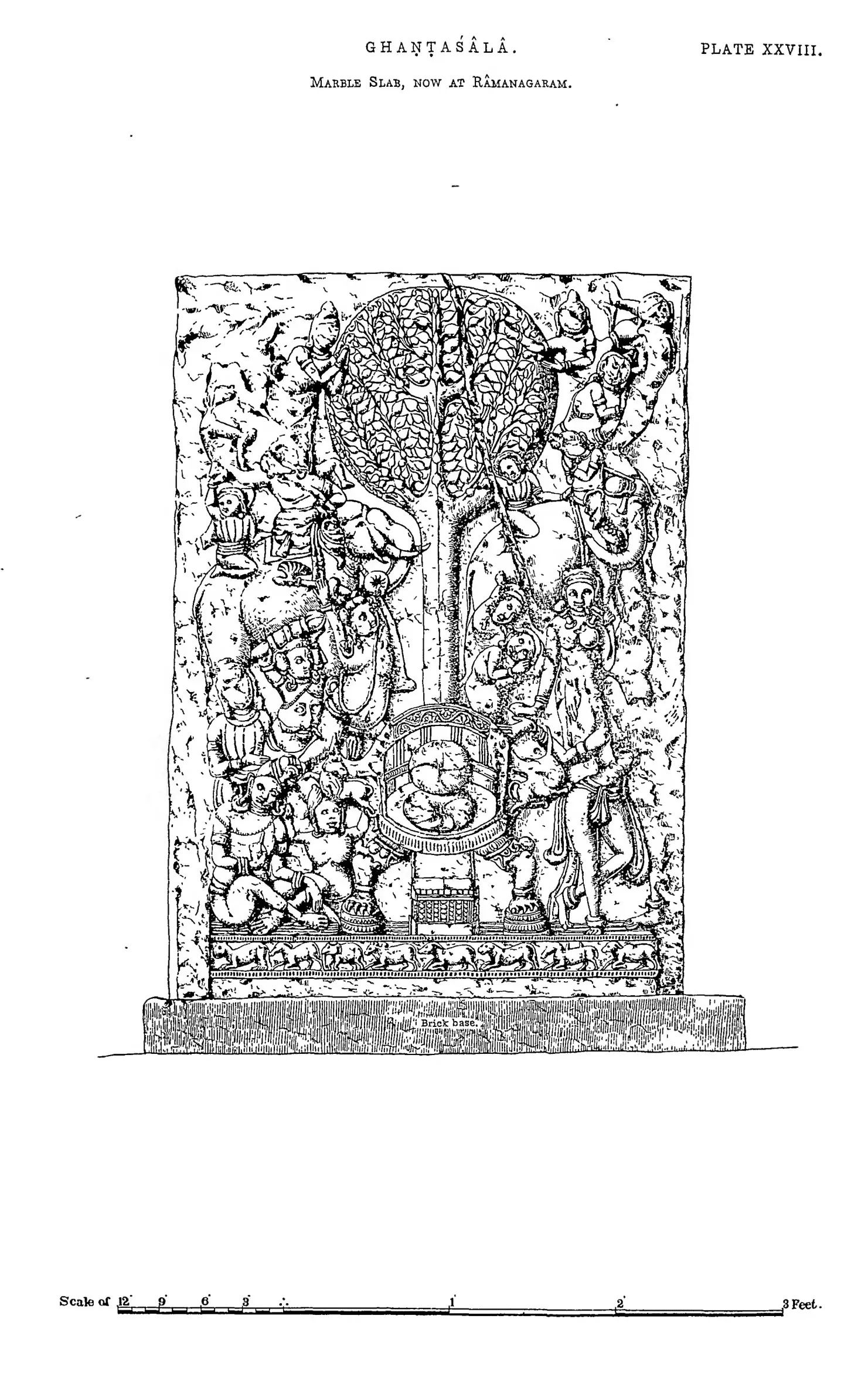 Drawing of a marble slab with figures around a tree.