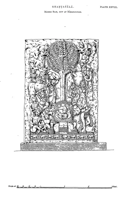 Drawing of a marble slab with figures around a tree.