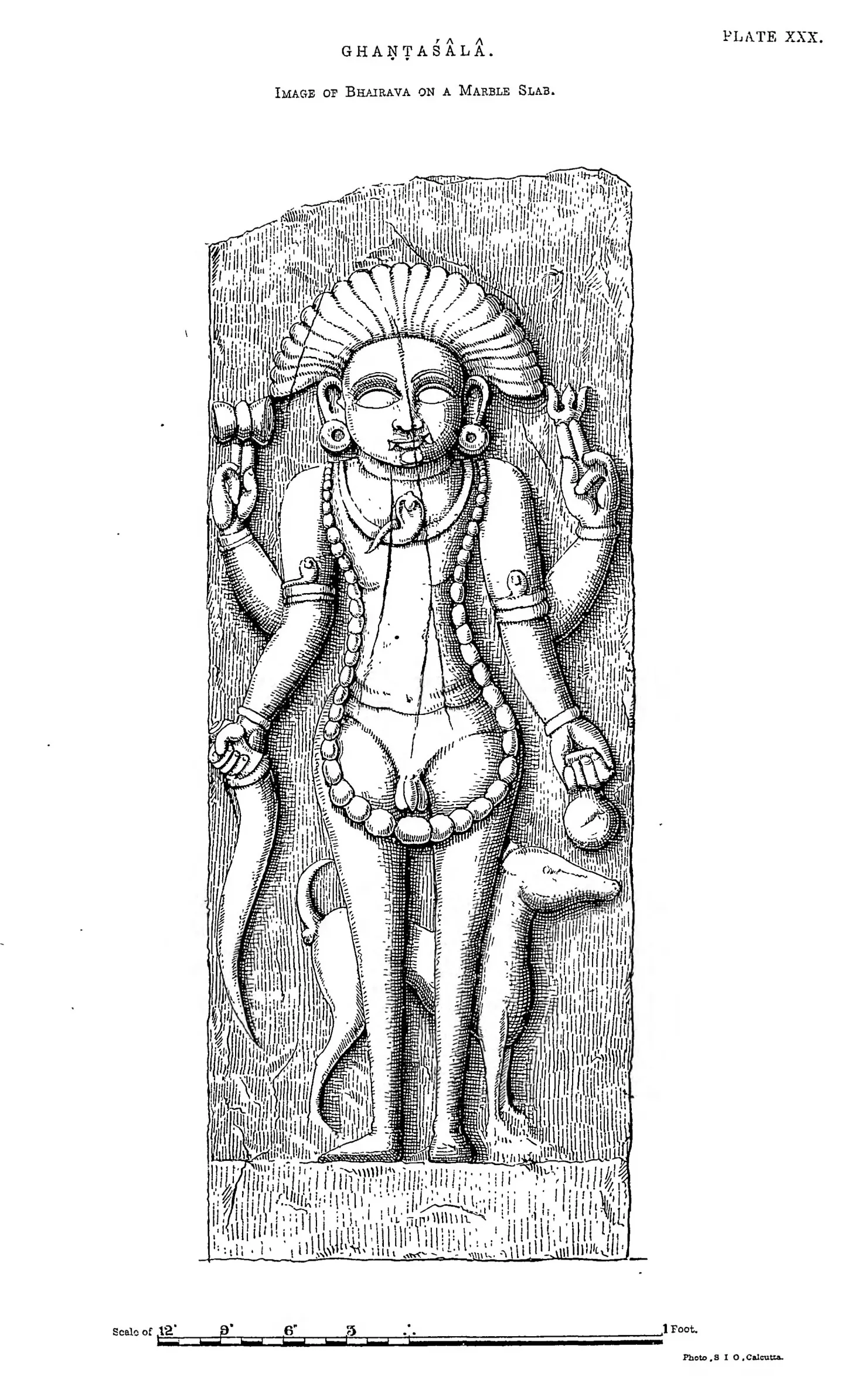 Drawing of a stone slab carved with a standing four-armed figure with an animal at its side.