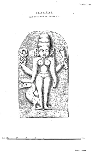Drawing of a stone slab carved with a standing four-armed female figure.