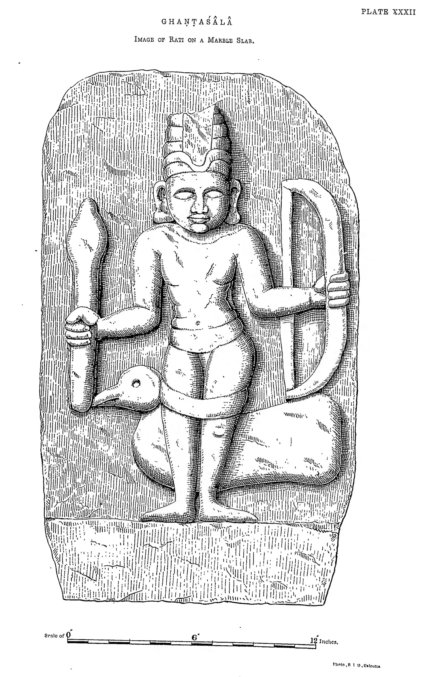 Drawing of a stone slab carved with a standing figure holding a bow.