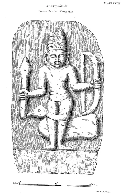 Drawing of a stone slab carved with a standing figure holding a bow.