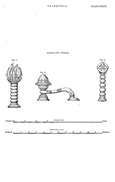 Drawings of three small brass ritual objects: a trident stand, a lamp and a wheel stand.