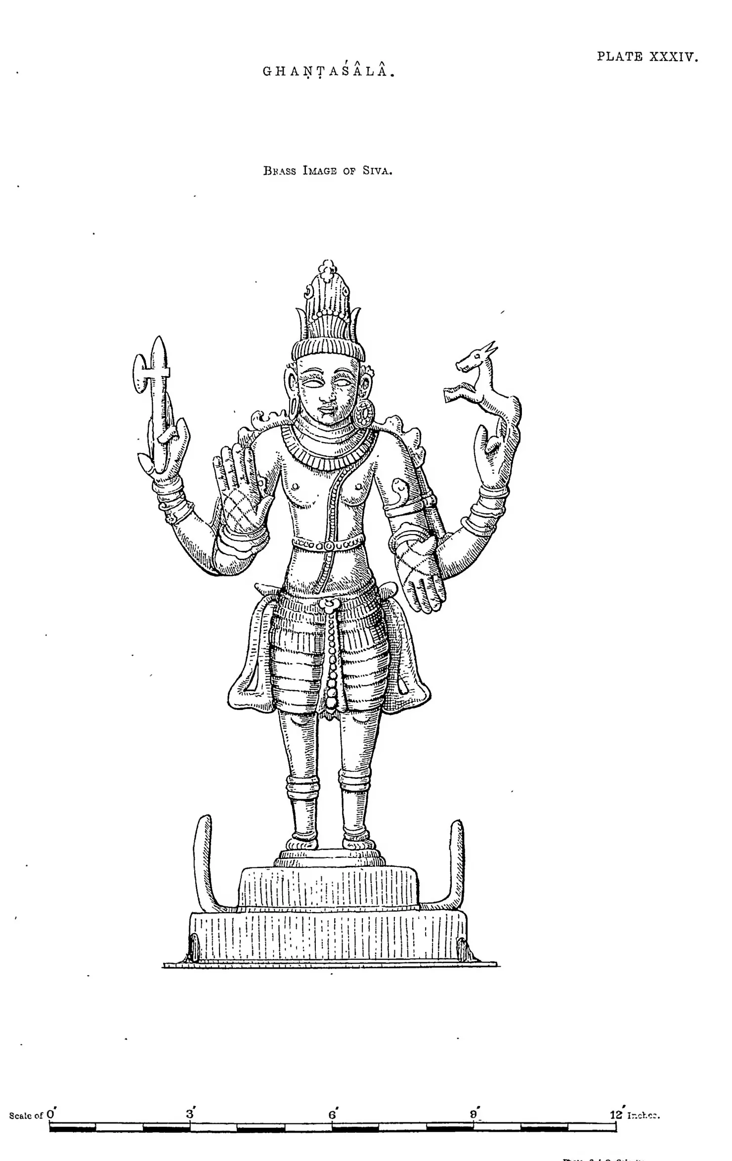Drawing of a standing four-armed brass image on a pedestal.
