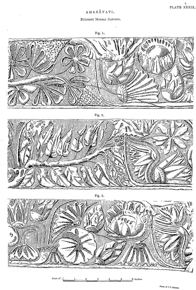 Drawing of three carved panels of lotus and foliage ornament.
