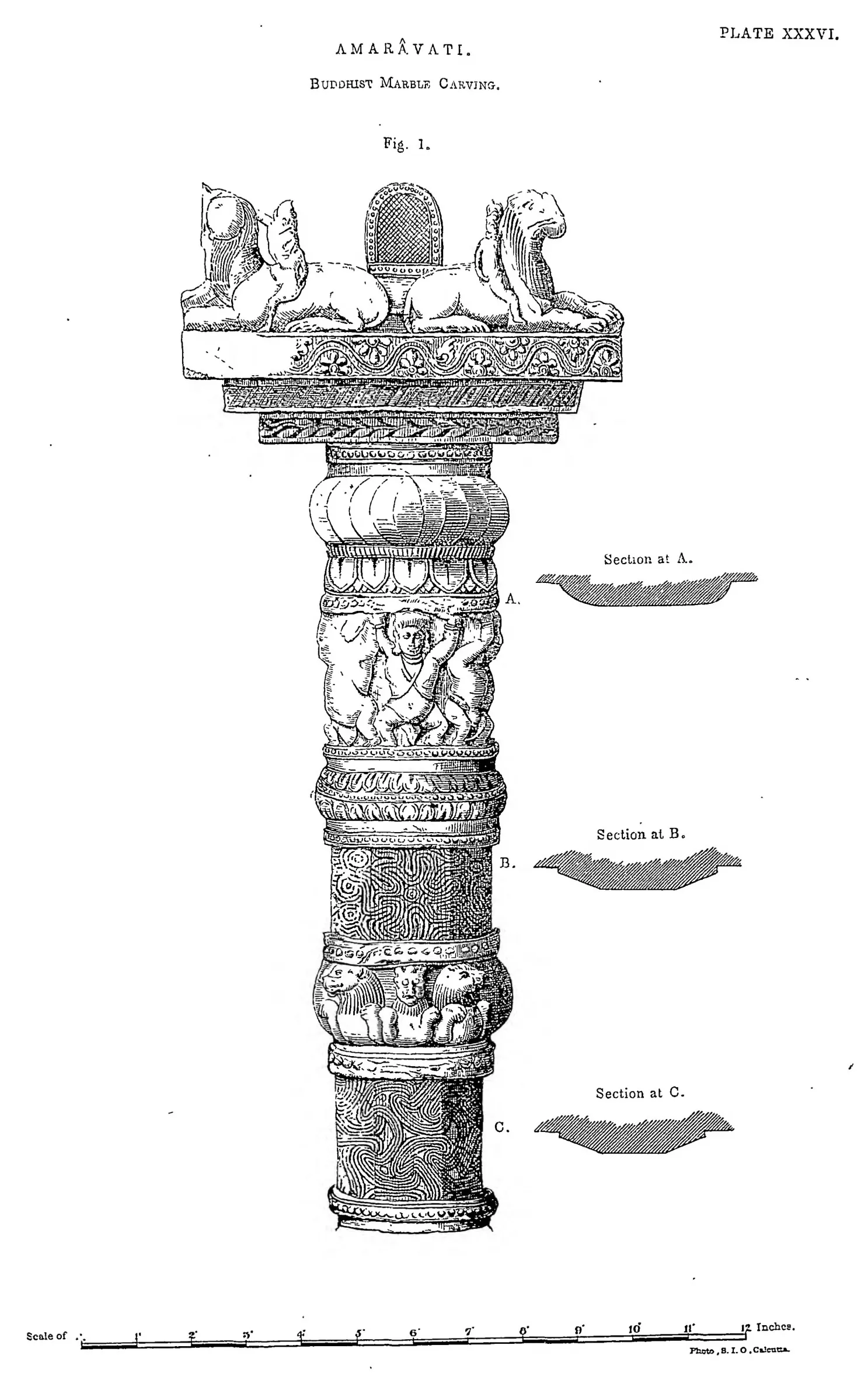 Drawing of a carved pillar with animal capital and sections.
