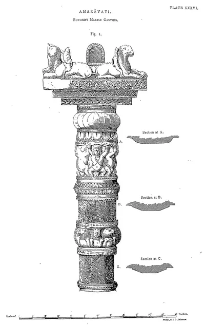 Drawing of a carved pillar with animal capital and sections.