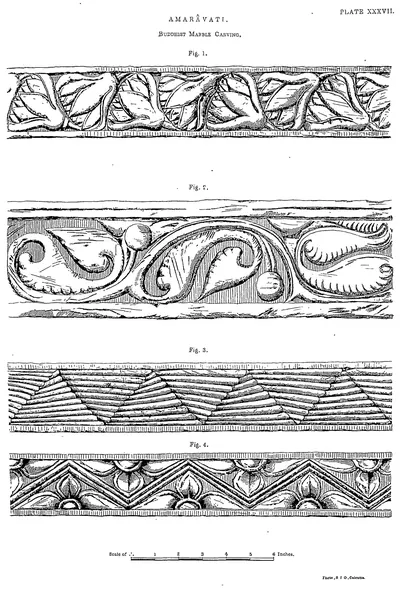 Drawing of four carved bands of scroll and leaf ornament.
