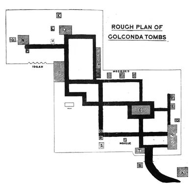 Rough plan of the Golconda tombs enclosure showing lettered tombs, mosques, the idgah and connecting paths.