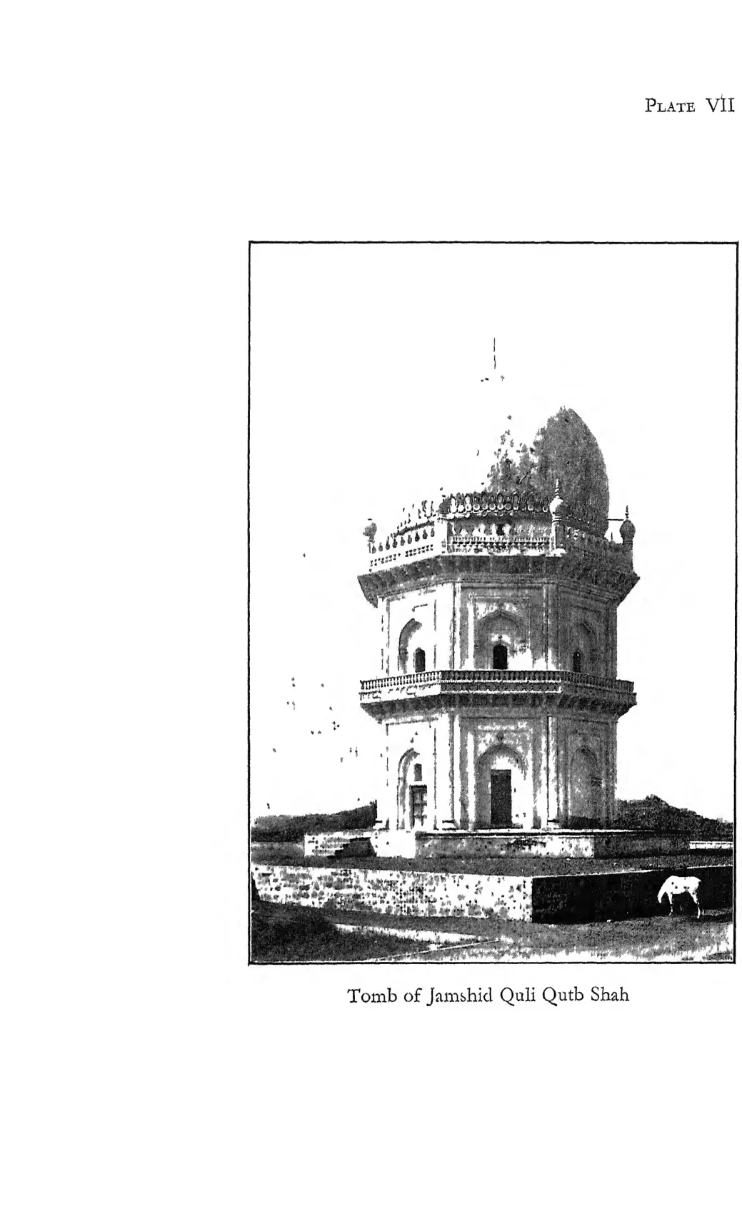 Photograph of the two-storeyed octagonal tomb of Jamshid Quli Qutb Shah with its dome.
