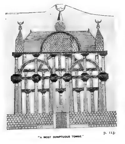 Pen drawing of a tomb seen from the front: a tall arcade of slender pillars with round arches under a shallow dome, small spires topped by crescents at the corners and a large crescent on a ball at the top.