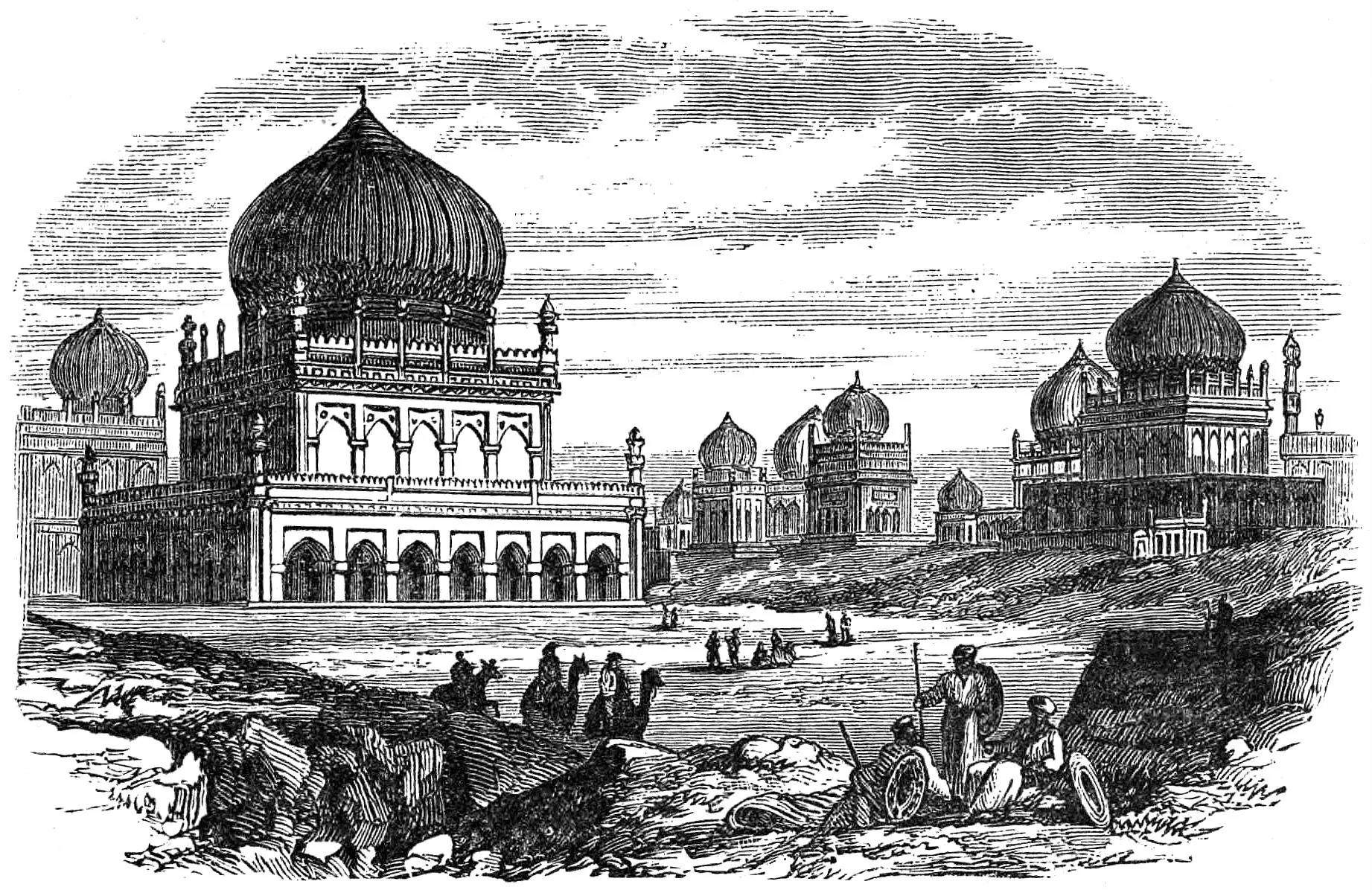 Wood engraving of a large domed tomb on an arcaded terrace with other domes and minarets beyond and figures in the foreground.