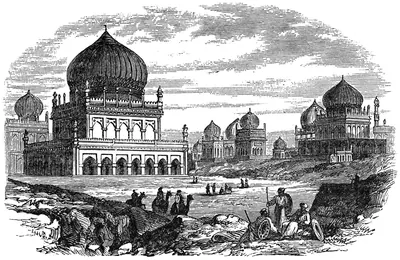 Wood engraving of a large domed tomb on an arcaded terrace with other domes and minarets beyond and figures in the foreground.