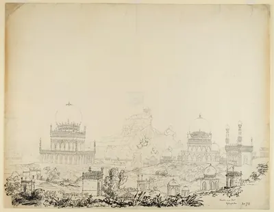 Pencil and ink sketch of a plain with domed tombs and minarets in the middle distance and the hill fort of Golconda behind.