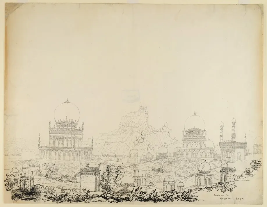 Pencil and ink sketch of a plain with domed tombs and minarets in the middle distance and the hill fort of Golconda behind.