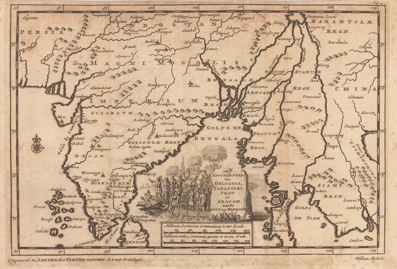 Old engraved map of the Bay of Bengal with the kingdom of Golconda on the western shore, rivers and towns marked, and a decorative cartouche in the lower part.