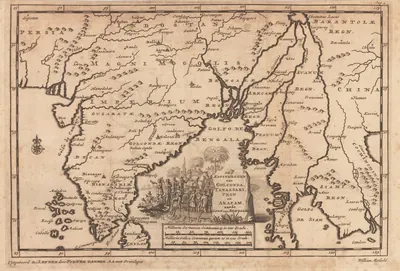 Old engraved map of the Bay of Bengal with the kingdom of Golconda on the western shore, rivers and towns marked, and a decorative cartouche in the lower part.