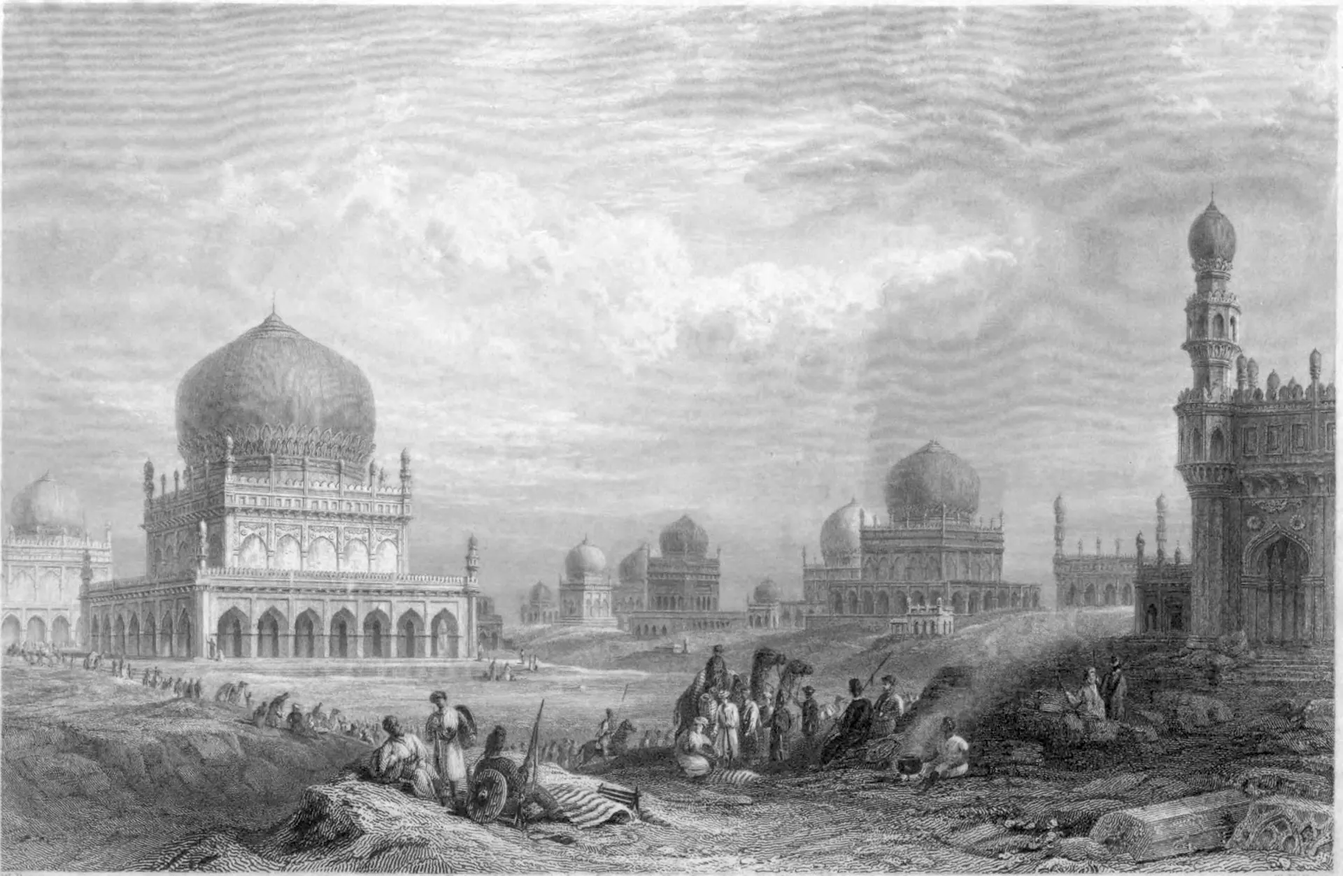 Steel engraving of large domed tombs on terraces with a tall minaret at the right, and travellers resting with camels in the foreground.
