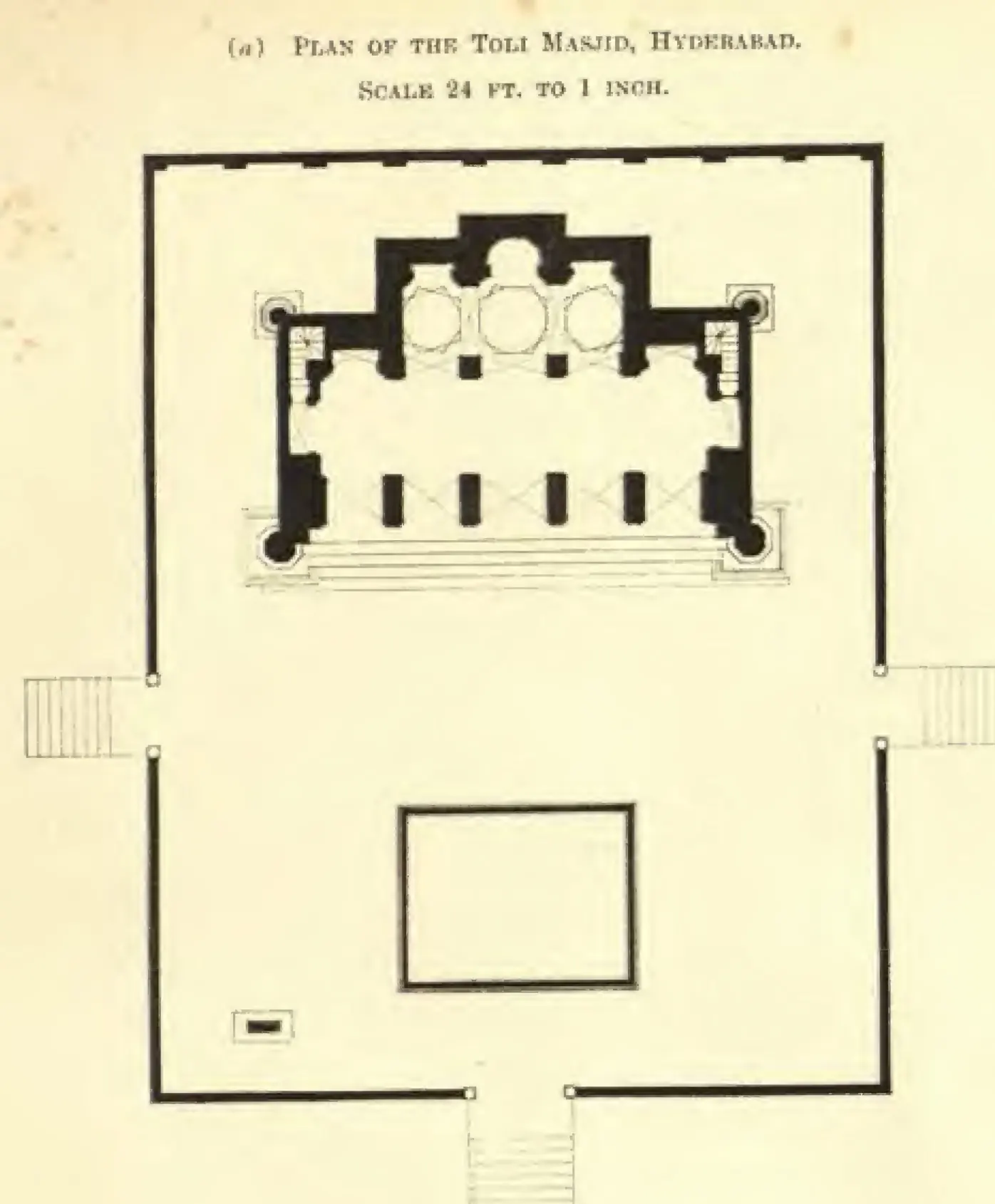 Ground plan: a rectangular walled enclosure with steps on three sides, a square tank in the courtyard and the mosque at the top, its double hall flanked by two round minarets.