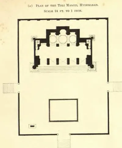 Ground plan: a rectangular walled enclosure with steps on three sides, a square tank in the courtyard and the mosque at the top, its double hall flanked by two round minarets.