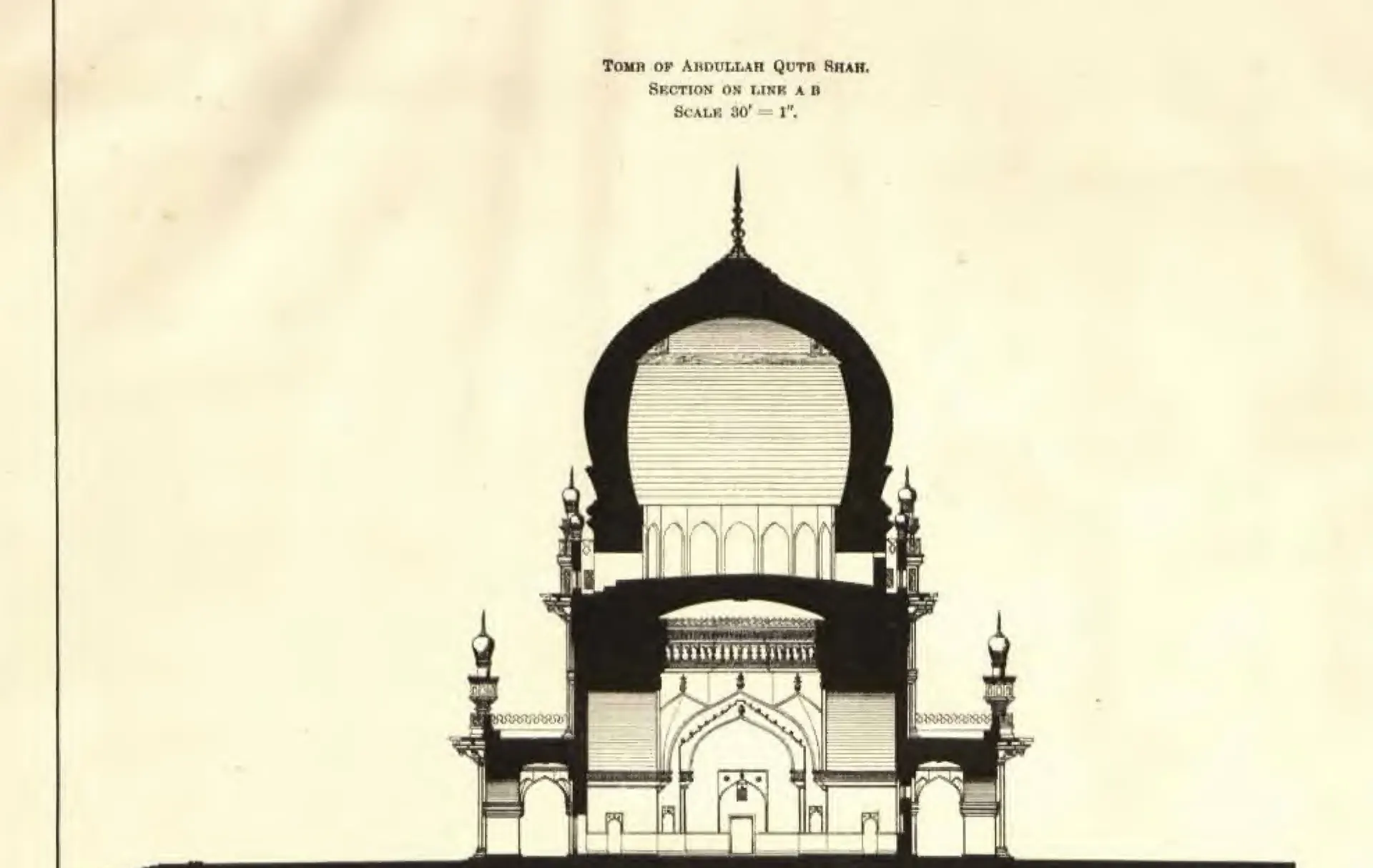 Architectural section through a domed tomb: a tall bulbous dome on a drum above a square hall with arched openings, small minarets at the corners and the platform below. Printed sideways.