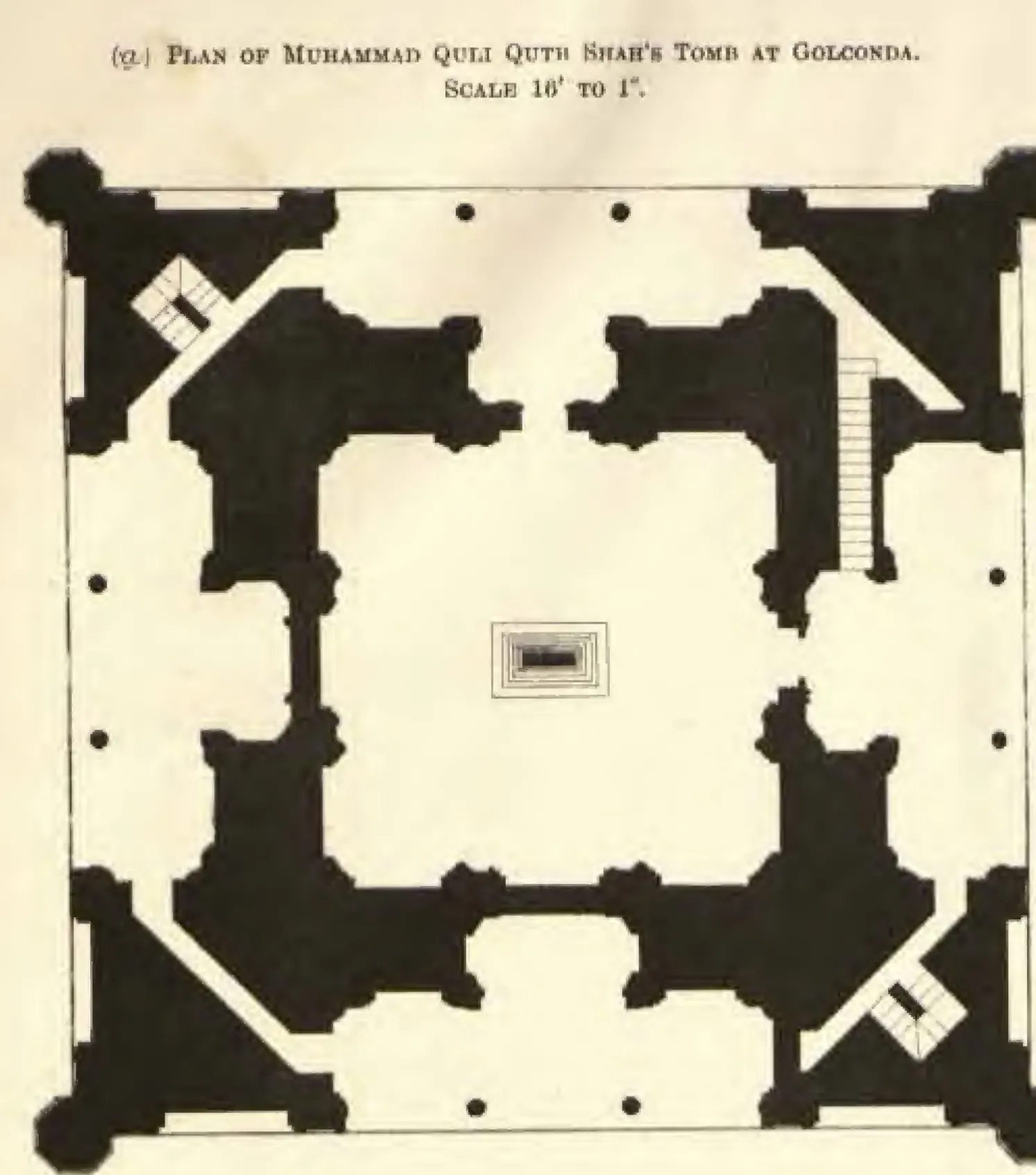 Plan of a square tomb: massive piers and corner towers drawn solid black round a central hall with the grave in the middle. Printed sideways.