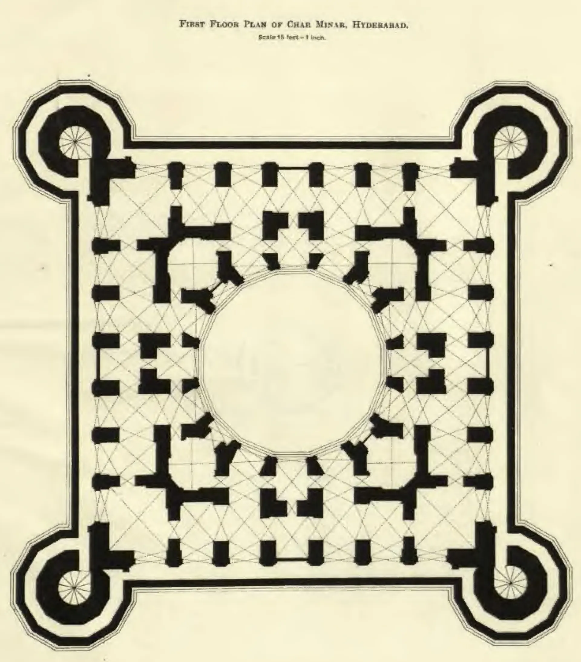 Plan of the first floor of the Charminar: a square ring of vaulted rooms round a large circular opening, with round minarets at the four corners.