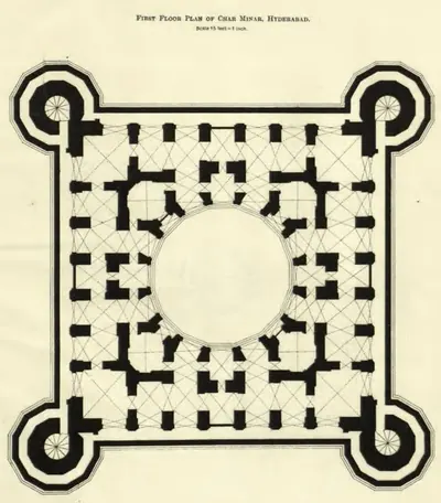 Plan of the first floor of the Charminar: a square ring of vaulted rooms round a large circular opening, with round minarets at the four corners.