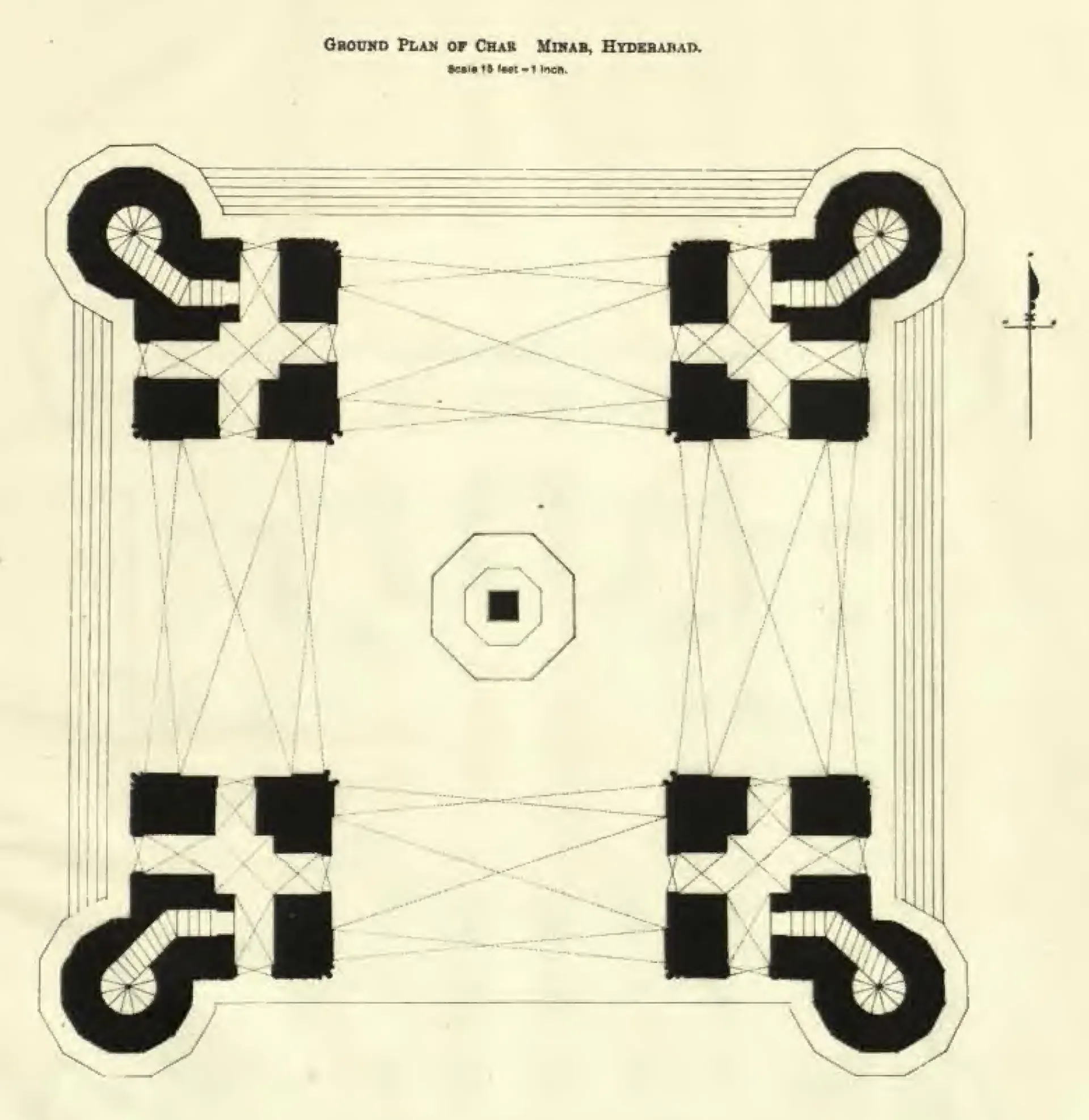 Ground plan of the Charminar: four L-shaped corner masses with round staircases, open arches between them on each side, and a small octagonal cistern in the centre.